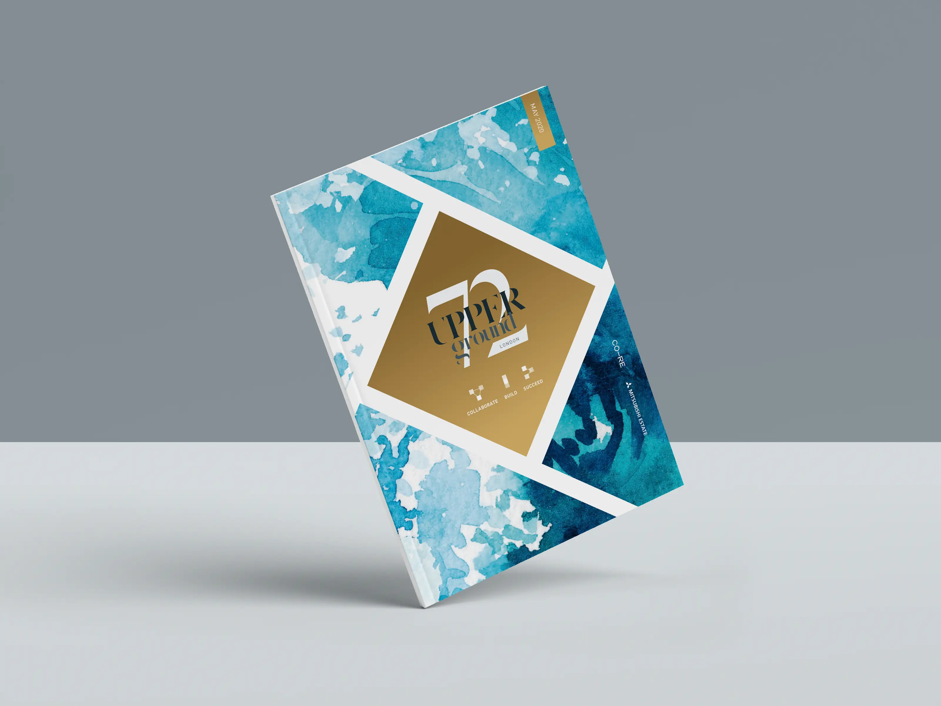 Book cover with blue watercolor patterns and a gold geometric shape in the center featuring the text 'UPPER ground LONDON'.