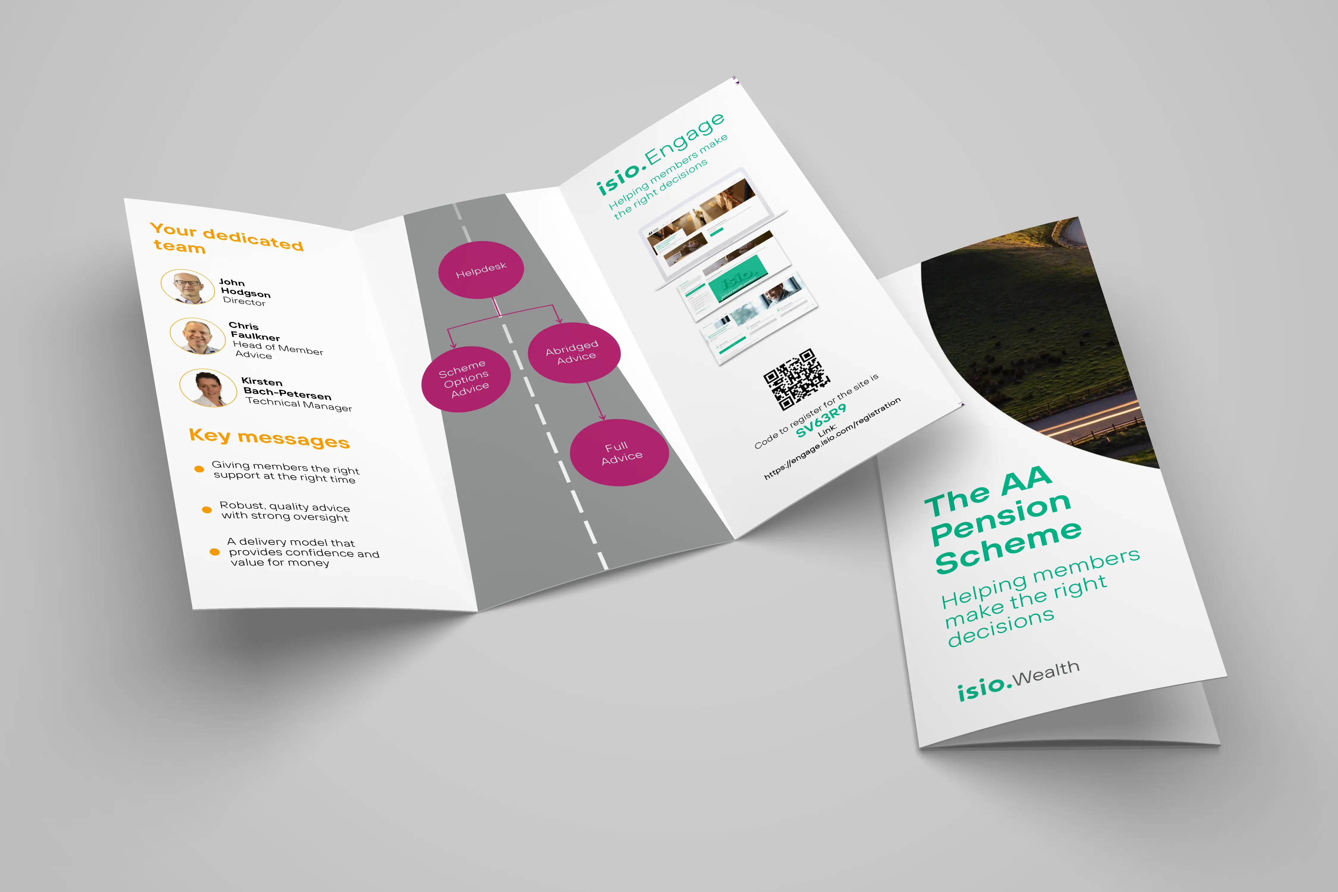 Open tri-fold brochure for The AA Pension Scheme showing team member photos, key messages, a diagram of advice options, QR code for registration, and a cover with slogan.