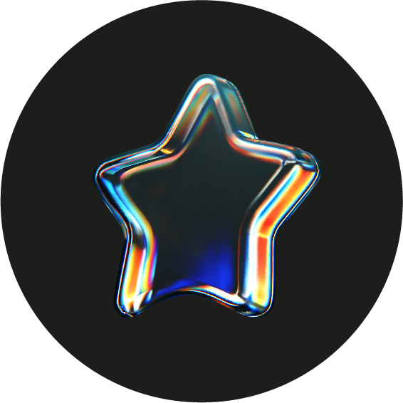 Glossy, translucent star shape with iridescent rainbow highlights on a black circular background.