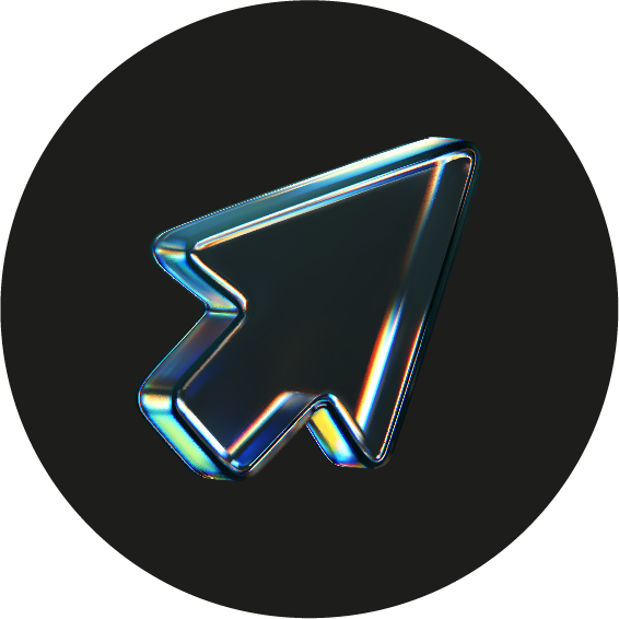 Glossy black 3D cursor arrow with iridescent edges on a dark circular background.