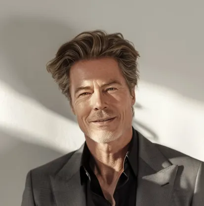 Middle-aged man with styled gray hair wearing a dark suit jacket and shirt, smiling softly against a neutral background with soft lighting.
