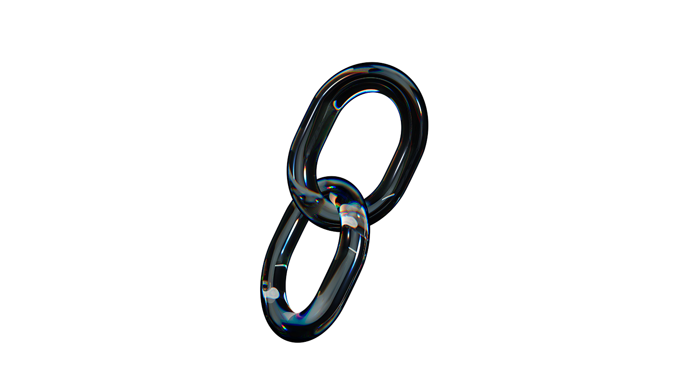 Two interlinked translucent glass chain links on a white background.